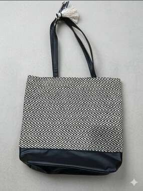 Black and White Chevron Woven Tote Bag with Tassel